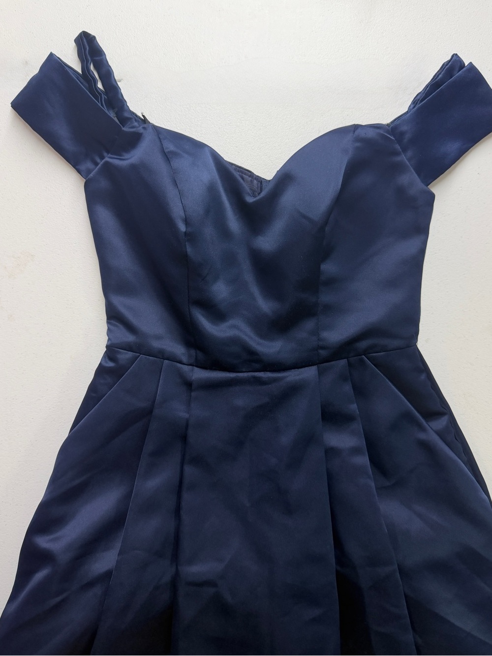 B. Darlin Navy Satin Homecoming Dress Size 3/4 Off Shoulder Fit & Flare
